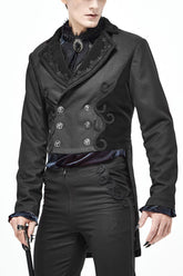 Manteau gothique pour homme noir rétro en velours avec devant en sangles florales, boutons en métal et queue d'aronde